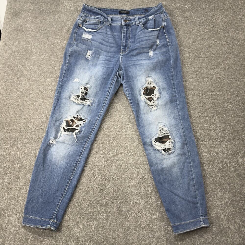 Judy Blue Camo Patch Distressed Boyfriend Jeans Medium Wash 14W Womens‎ Denim